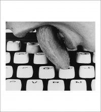 Cover of “Women in Concrete Poetry: 1959–1979” featuring a black-and-white photograph by Lenora de Barros of a tongue licking a typewriter keyboard.