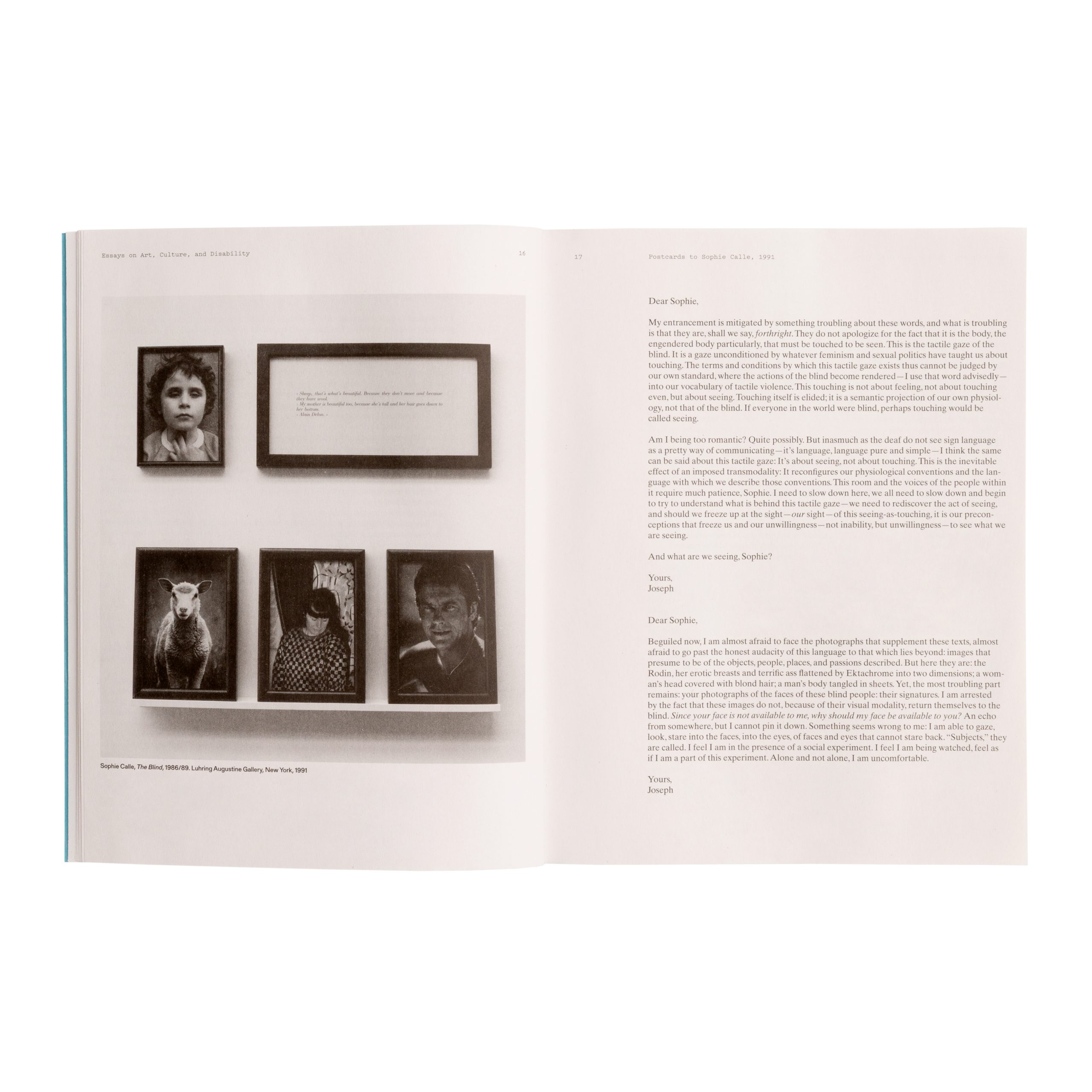 Two-page spread, featuring an excerpt from "Postcards to Sophie Calle."