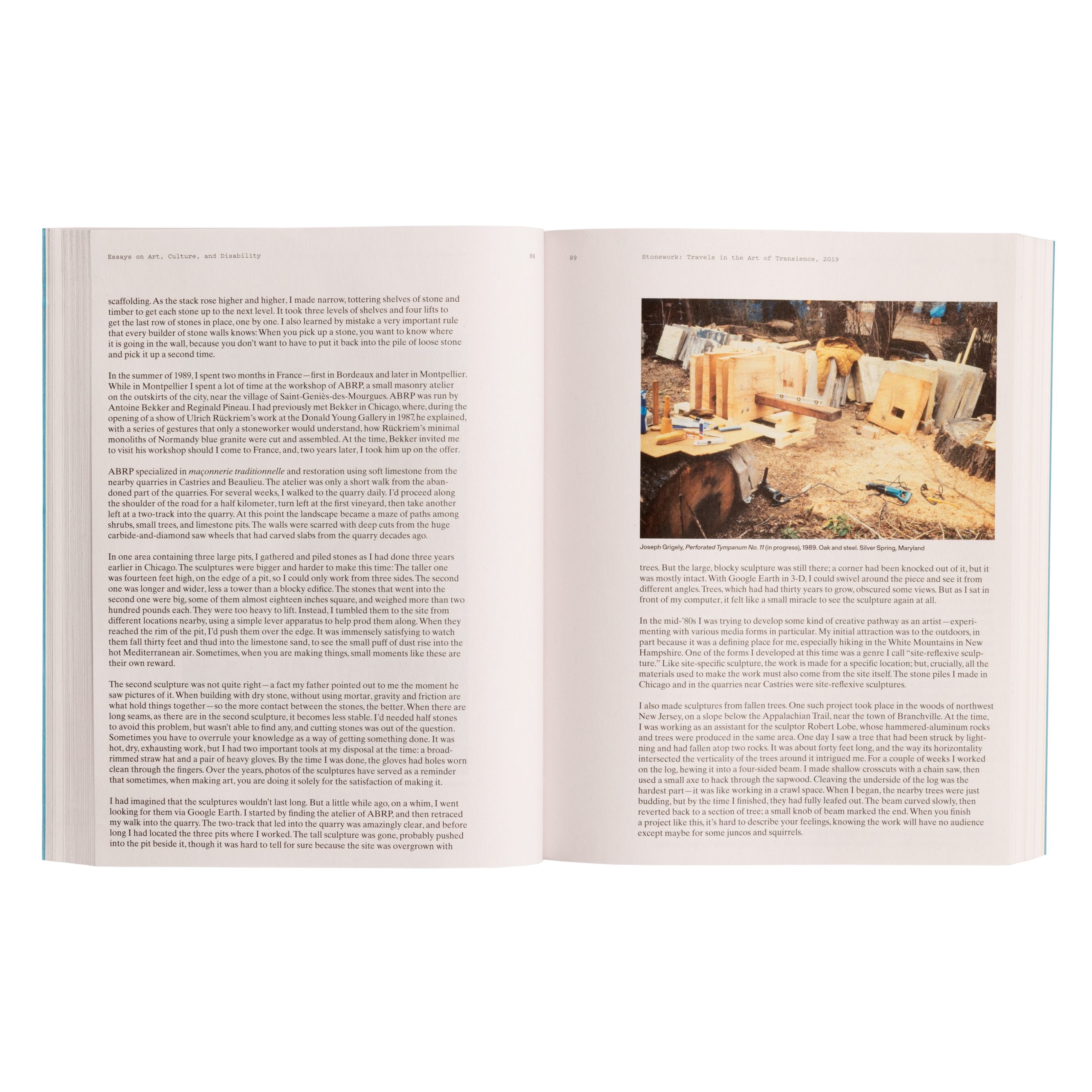 Two-page spread, featuring an excerpt from "Stonework: Travels in the Art of Transience."