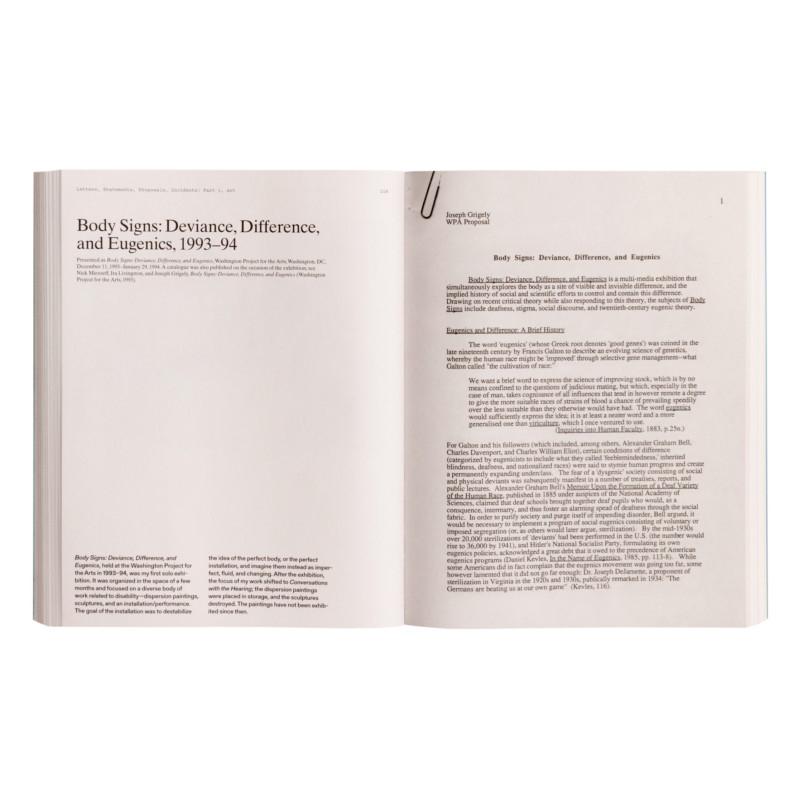 Two-page spread, featuring an excerpt from "Body Signs: Deviance, Difference, and Eugenics."