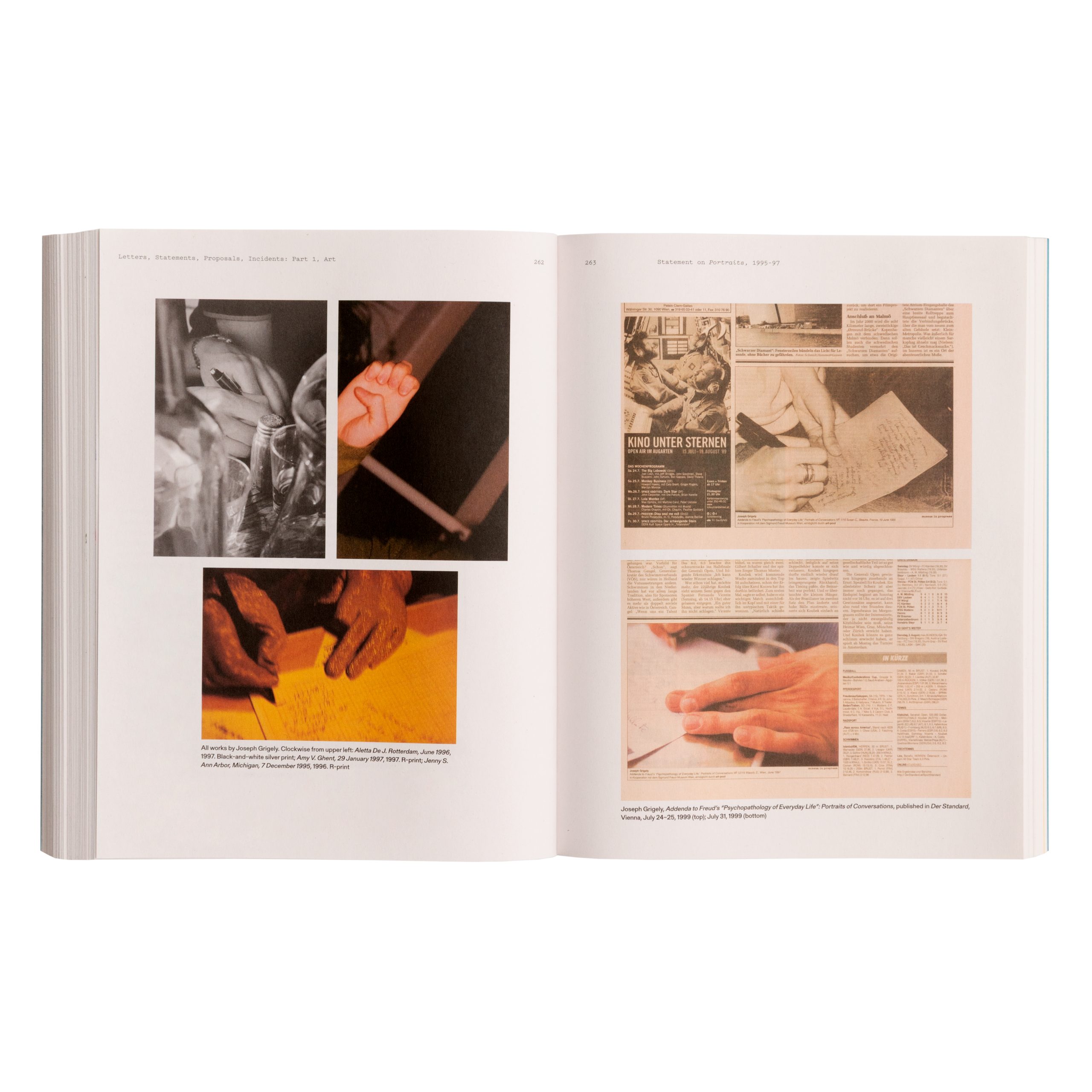 Two-page spread, featuring photographs of hands by Joseph Grigely.