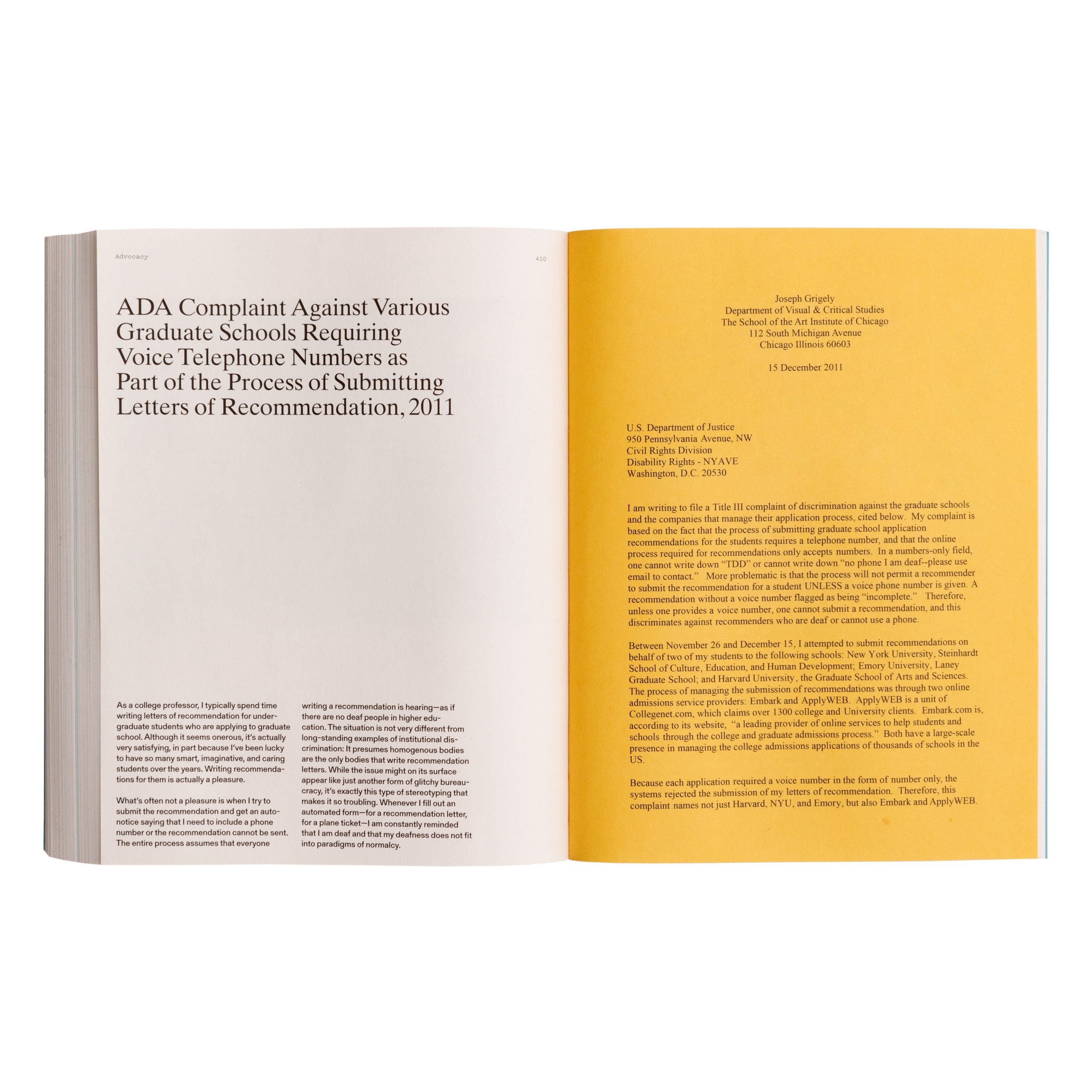 Two-page spread, featuring an excerpt from "ADA Complaint Against Various Graduate Schools Requiring Voice Telephone Numbers as Part of the Process of Submitting Letters of Recommendation."