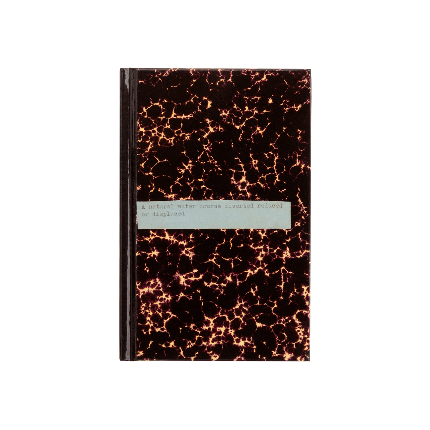 Back cover of “Terminal Boundaries” featuring a black-and-yellow marbled pattern and “A natural water course diverted reduced or displaced” on a scrap of blue paper.