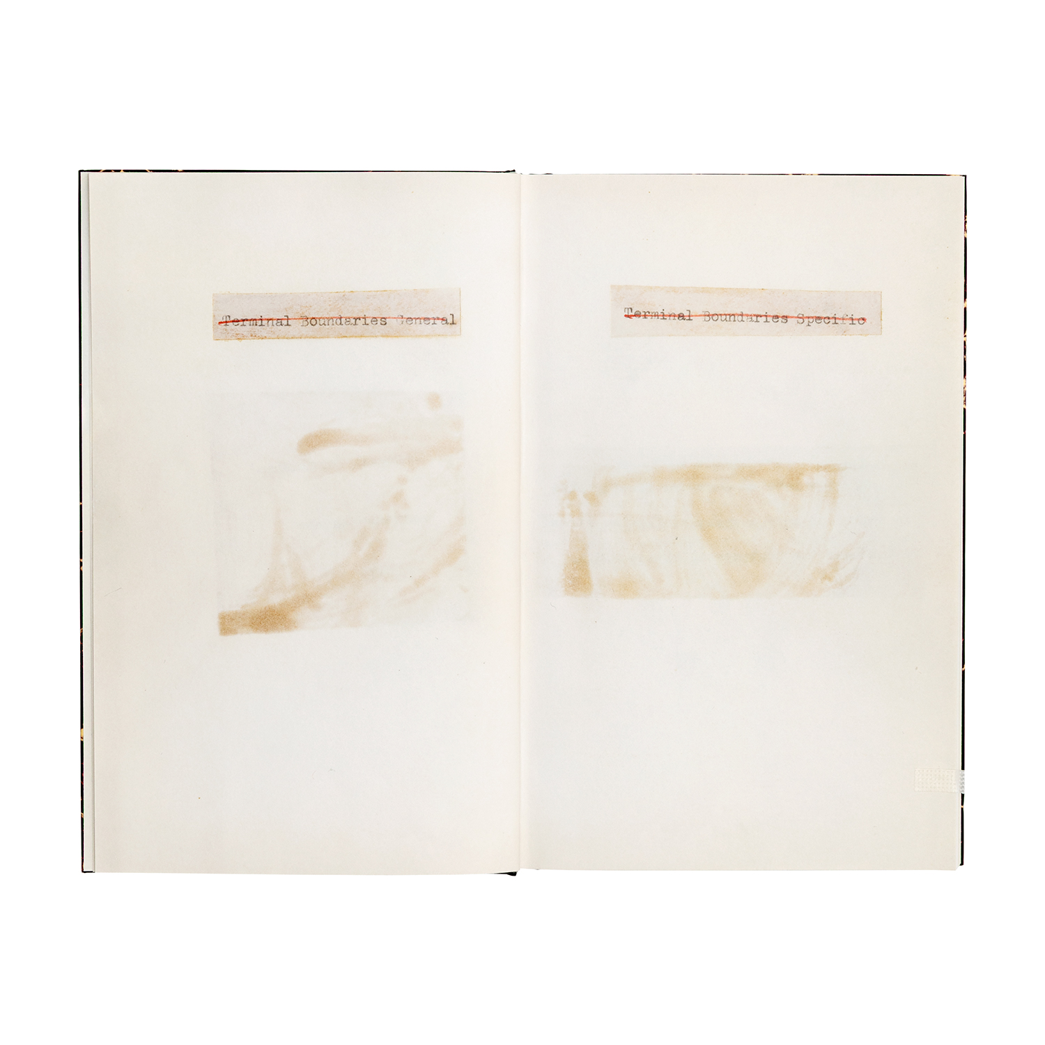 A two-page spread featuring “Terminal Boundaries General” typewritten on the left page and “Terminal Boundaries Specific” typewritten on the right page. The texts on both pages are crossed out in red ink.